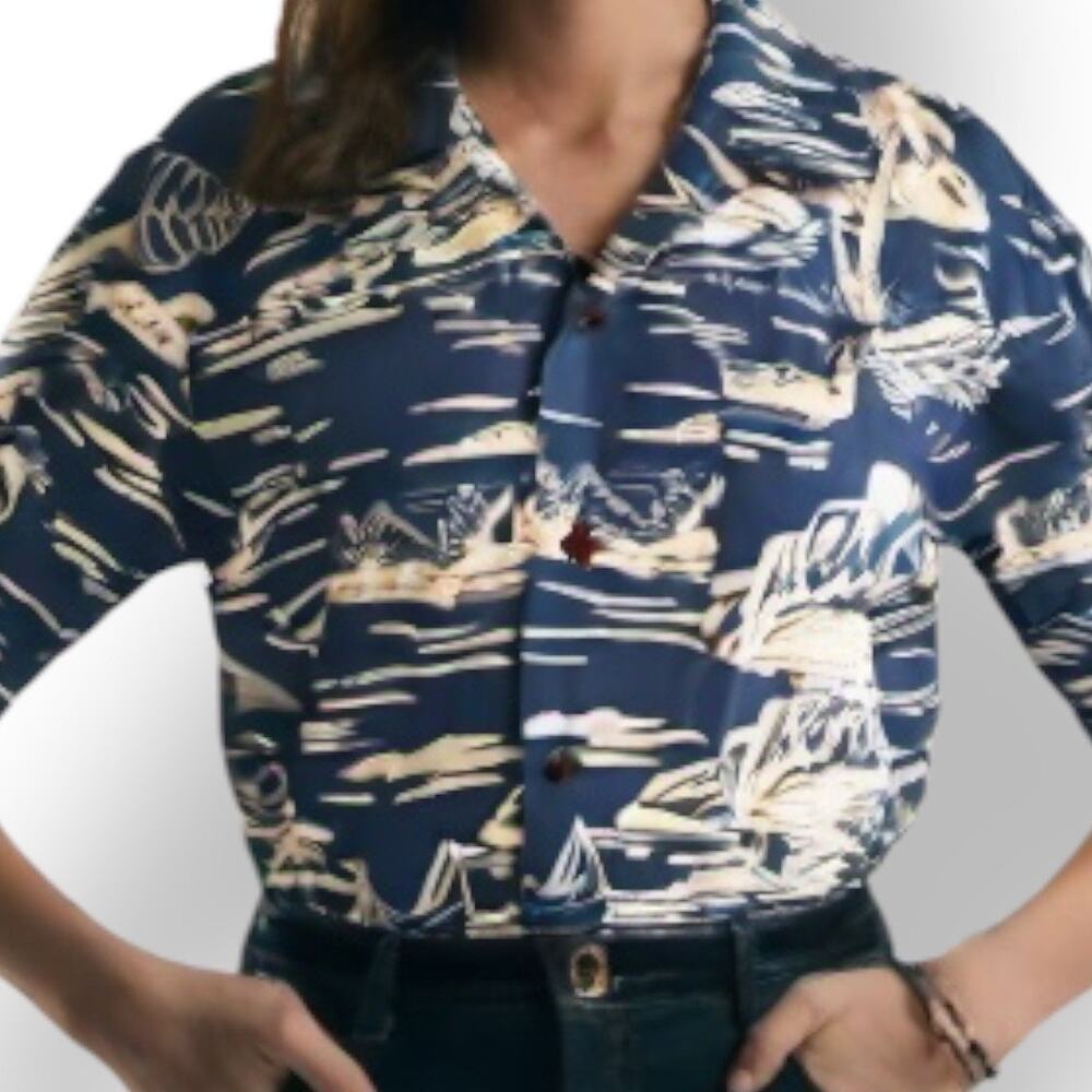 Vintage RJC Hawaiian Shirt Blue Island Print Camp Collar Button Down Tropical